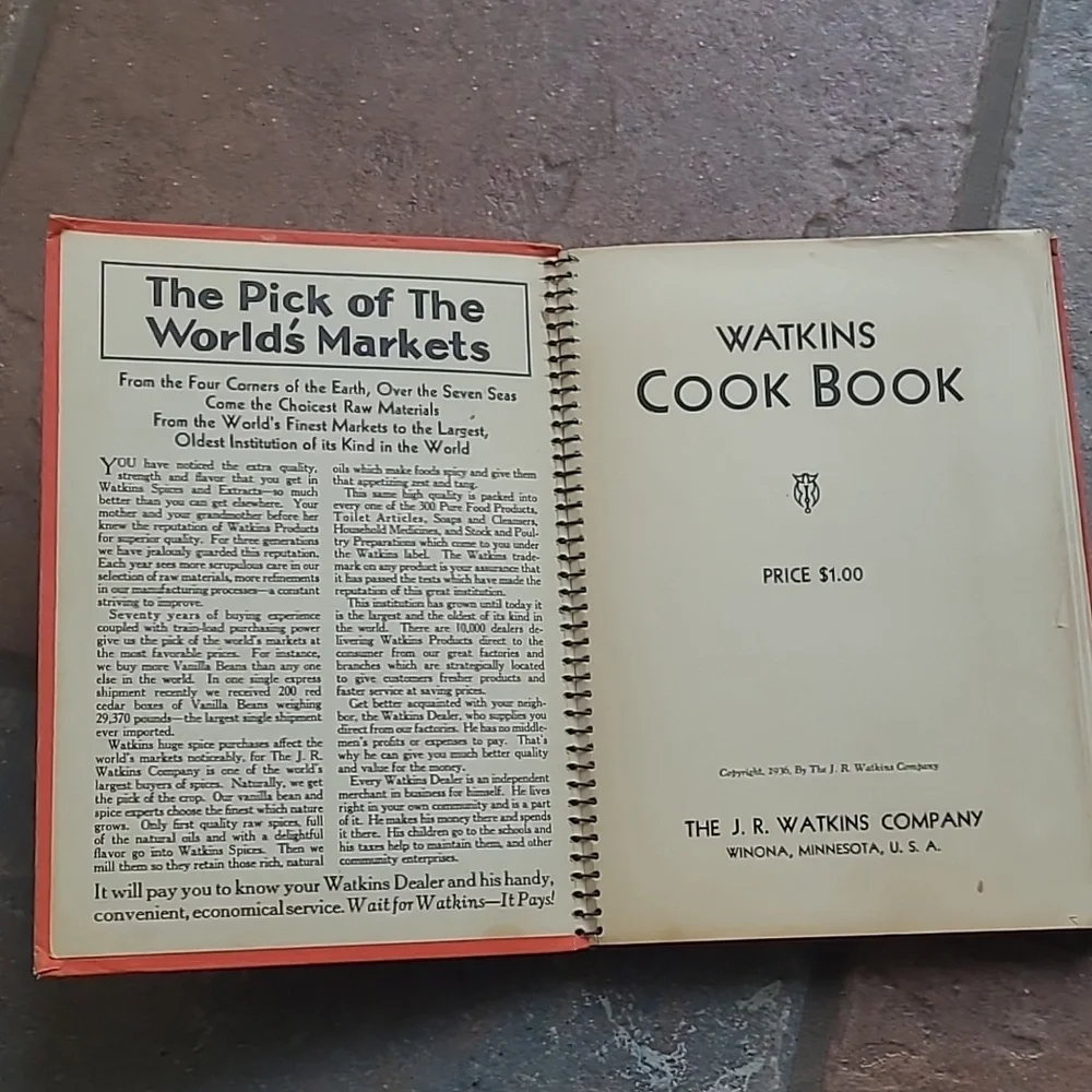 Vintage spiral bound Watkins Cook Book 1936 J.R. Watkins Co